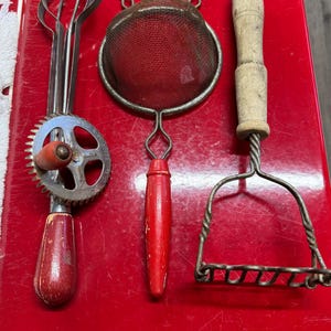 Vintage Kitchen Utensils 1950’s Masher Hand Beater Large Strainer Wooden Handle Red Handle Farmhouse Cottage Decor