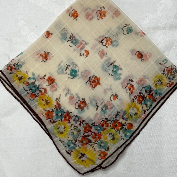 Vintage Floral Chiffon Handkerchief/Scarf Brown, Yellow, Orange, Green 1950’s Children Scarf