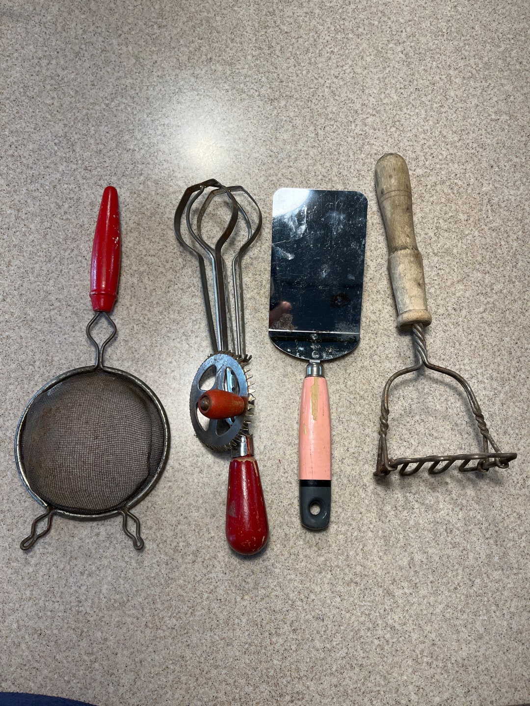 Vintage Kitchen Utensils Red Wooden Handles Masher Strainer Spatula ...