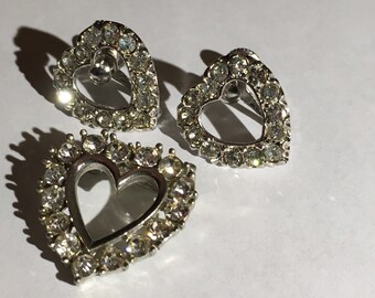 Vintage Crystal Rhinestone Heart Pin & Heart Screw Back Earrings Set