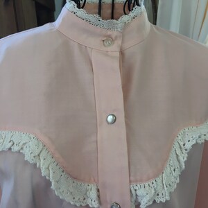 May include: A light pink blouse with a high collar and a button-down front. The blouse features white lace trim along the collar and yoke. The sleeves are long and sheer. The blouse is displayed on a mannequin.