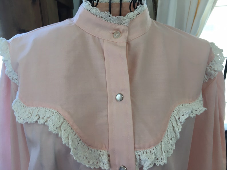 May include: A light pink blouse with a high collar and a button-down front. The blouse features white lace trim along the collar and yoke. The sleeves are long and sheer. The blouse is displayed on a mannequin.