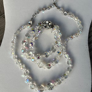 Vintage 1950&#39;s Aurora Borealis Choker Necklace and Bracelet Set