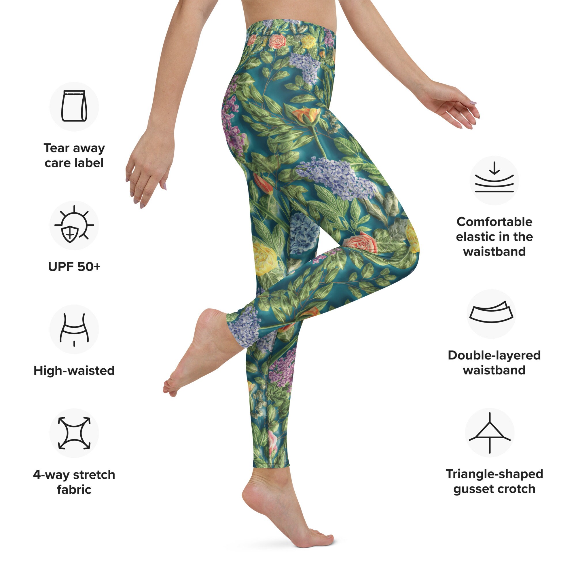 Floral Pattern Leggings, Women Yoga Leggings with Inner Pocket, Workout Fitness Clothing