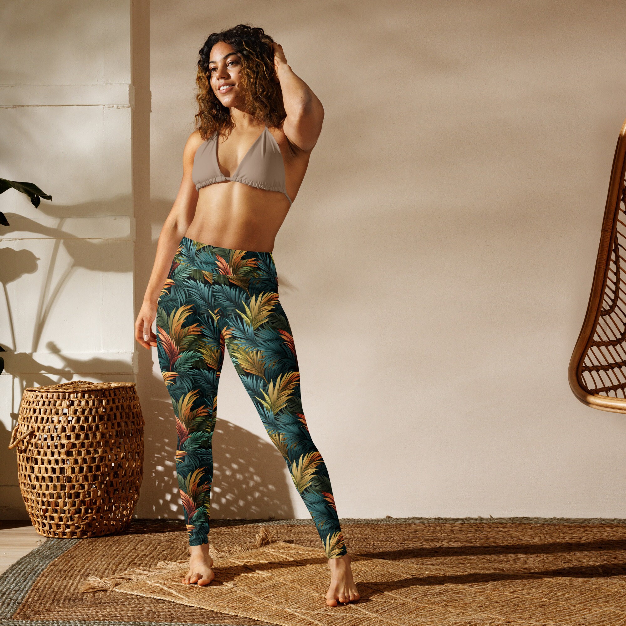 Palm Leaves Leggings, Women Yoga Leggings With Inner Pocket, Workout  Fitness Clothing 