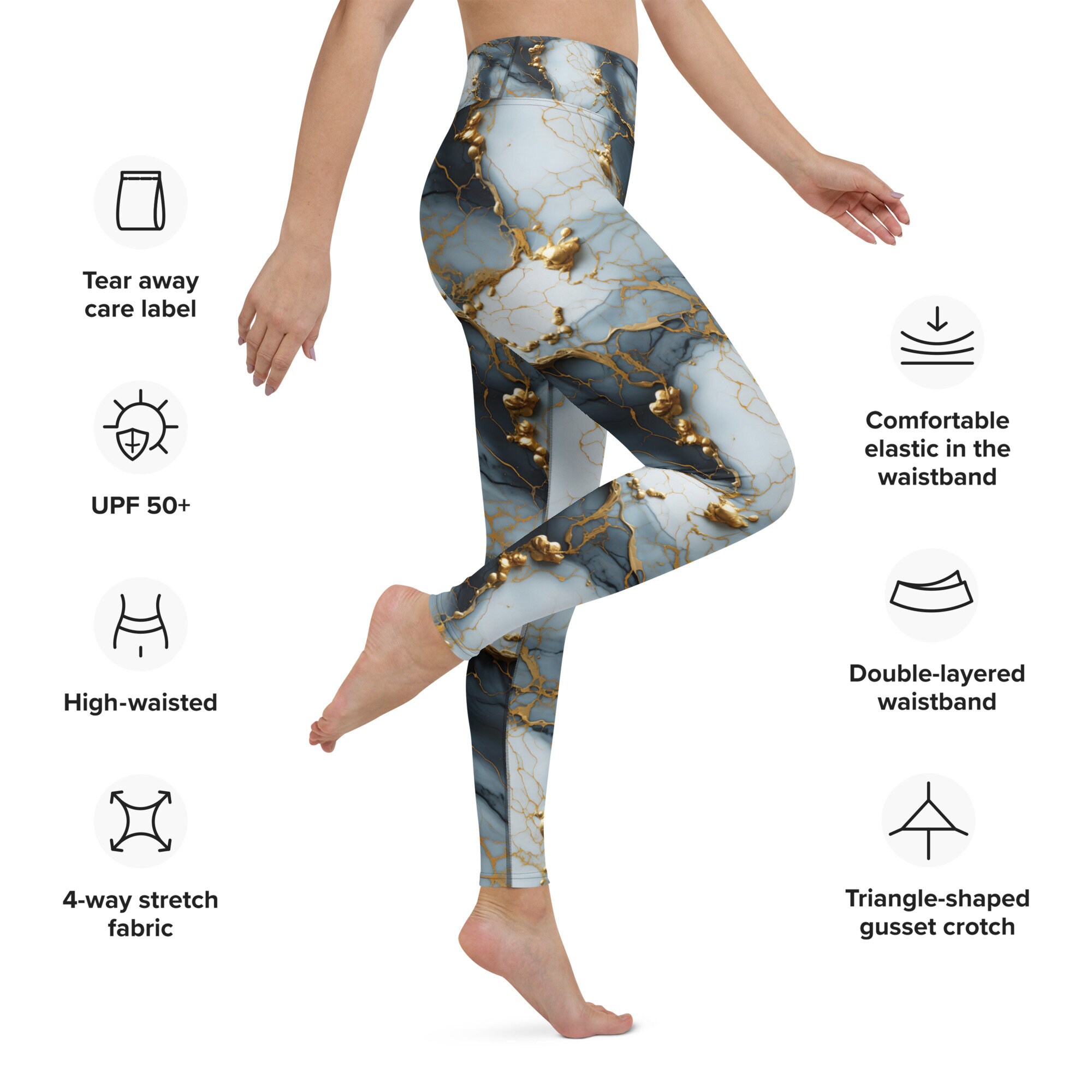 Gold Black Marble Leggings, Women Yoga Leggings With Inner Pocket