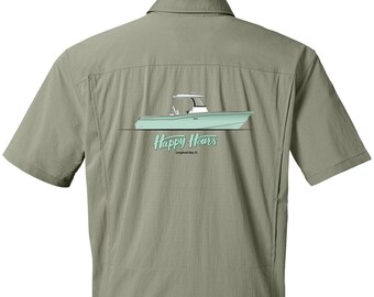 Custom HUK Button Down Shirt – Short Sleeve Fishing Shirt with Boat Art | UPF50+ | Premium Personalized Boat Gift