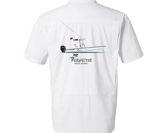 Custom HUK Button Down Shirt – Short Sleeve Fishing Shirt with Boat Art | UPF50+ | Premium Personalized Boat Gift
