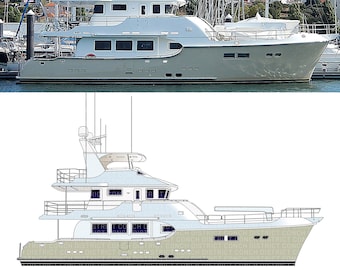 May include: A side view of a large, white and gray motor yacht docked at a marina. The yacht has a large, open deck with a white railing and a white roof. The yacht is surrounded by other boats and the water is calm.