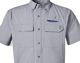 Custom HUK Button Down Shirt – Short Sleeve Fishing Shirt with Boat Art | UPF50+ | Premium Personalized Boat Gift