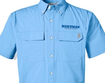 Custom HUK Button Down Shirt – Short Sleeve Fishing Shirt with Boat Art | UPF50+ | Premium Personalized Boat Gift