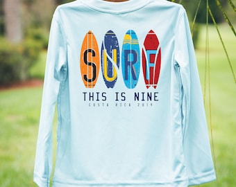 Personalized Surfboard Performance UPF Sun Shirt Custom Surfboard Birthday shirt surfing theme Kids Swimsuit sun shirt rash guard