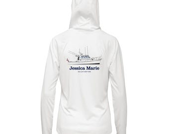 Custom Boat Shirt for Women - UPF50+ Hooded Sun Shirt | Personalized Boat Drawing Shirt | Eco-Friendly Boating Gift | Long Sleeve