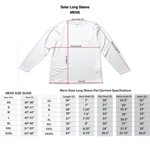 May include: White long-sleeve shirt with a crew neck, displayed flat. The image includes a size guide and garment specifications, detailing measurements like chest, length, and sleeve length in inches. The shirt is labeled "Solar Long Sleeve".