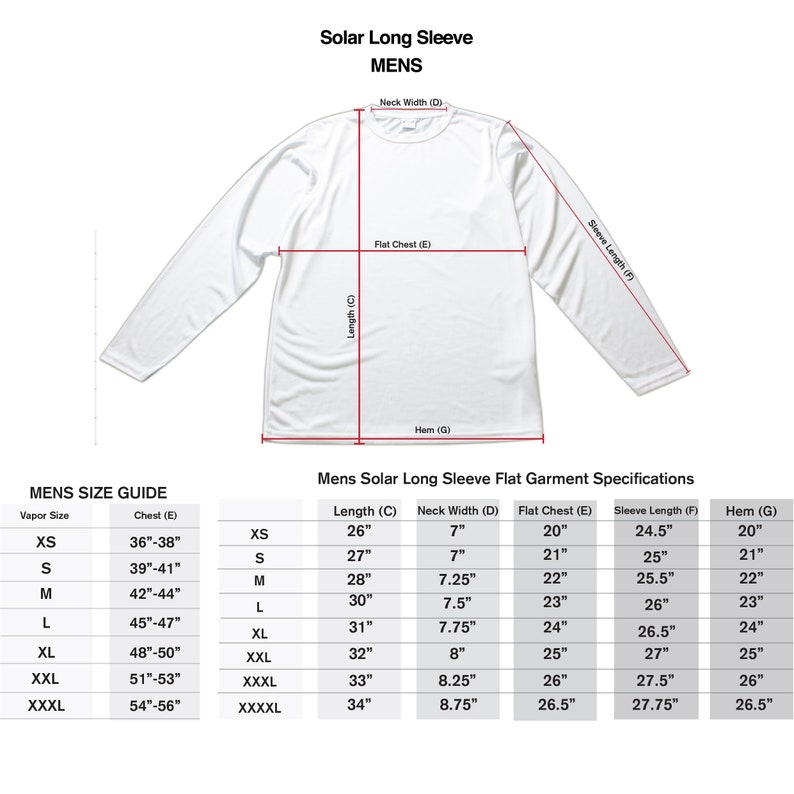May include: White long-sleeve shirt with a crew neck, displayed flat. The image includes a size guide and garment specifications, detailing measurements like chest, length, and sleeve length in inches. The shirt is labeled "Solar Long Sleeve".