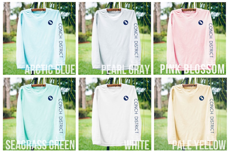 May include: Six long-sleeve shirts in various colors: Arctic Blue, Pearl Gray, Pink Blossom, Seagrass Green, White, and Pale Yellow. Each shirt has a logo on the chest and the words "CONCH DISTRICT" printed on the sleeve.