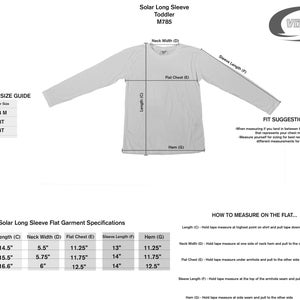 May include: A white toddler-sized long-sleeve shirt, laid flat, with size and measurement details. The shirt's length is 14.5 to 16.6 inches, and the flat chest measures 11.25 to 12.5 inches. The image includes a size guide and fit suggestions.