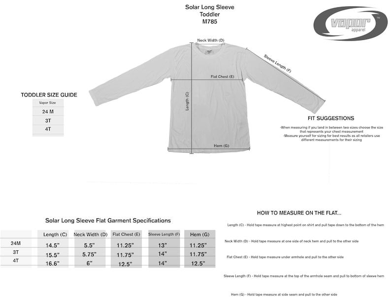 May include: A white toddler-sized long-sleeve shirt, laid flat, with size and measurement details. The shirt's length is 14.5 to 16.6 inches, and the flat chest measures 11.25 to 12.5 inches. The image includes a size guide and fit suggestions.