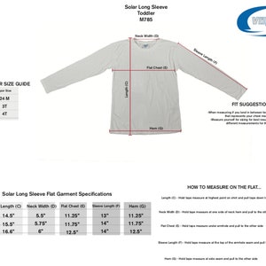 May include: White toddler solar long sleeve shirt with size and measurement details. The shirt has a crew neck and long sleeves. The image includes a size guide for 24M, 3T, and 4T sizes, along with flat garment specifications.