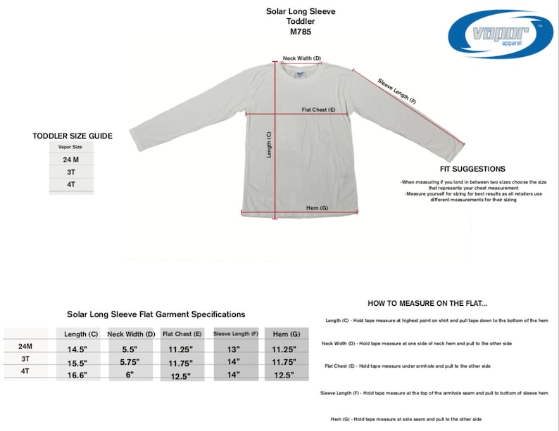 May include: White toddler solar long sleeve shirt with size and measurement details. The shirt has a crew neck and long sleeves. The image includes a size guide for 24M, 3T, and 4T sizes, along with flat garment specifications.