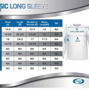 May include: Size chart for youth long sleeve shirts with measurements in inches for chest, length, shoulder to shoulder, and sleeve length. Sizes include XS, S, M, L, XL, 2XL, 3XL, 4XL, and 5XL.