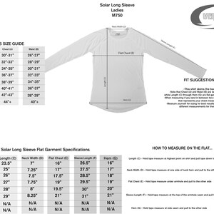 May include: White long-sleeve solar shirt with size guide and flat garment specifications. The shirt has a crew neck and is designed for ladies. Measurements are provided in inches for chest, waist, and other dimensions.