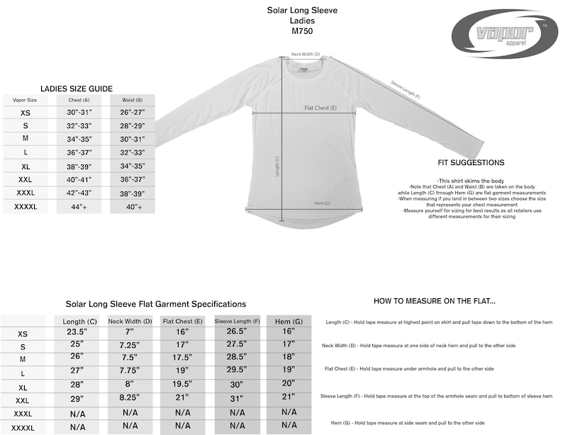 May include: White long-sleeve solar shirt with size guide and flat garment specifications. The shirt has a crew neck and is designed for ladies. Measurements are provided in inches for chest, waist, and other dimensions.