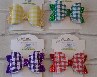 Gingham School Hair Bow: Glitter Tails, Uniform Clip or Bobble