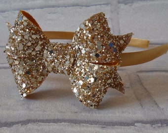 Gold headband bow headband gold glitter alice band glitter headband christmas hair accessory large gold bow xmas day gold alice band