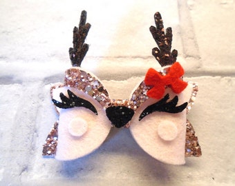 Christmas Reindeer Hair Bow Clip: Glitter Holiday Accessory