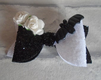 Bat Halloween Hair Clip: Glitter Bow with Clay Bat & Flowers