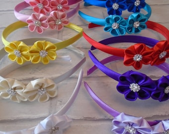 flower headband flower girl wedding Handmade Kanzashi Satin Flower Headband: Rhinestone Alice Band