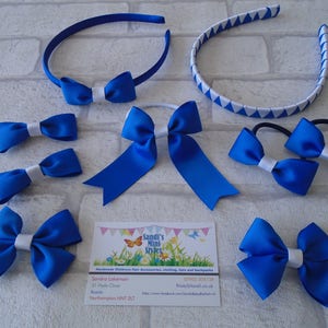 May include: An assortment of blue hair accessories, including headbands, bow ties, and hair ties. Some bows have a white center. A business card with the text "Sandi's Mini Styles" is also present.