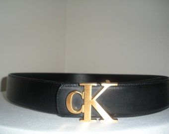 Black Leather Belt Calvin Klein Monogram Gold CK Belt Size Large