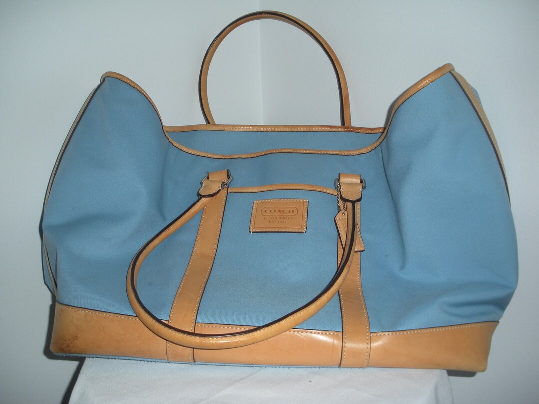 Coach Bag Tote Light Blue and Tan Travel Luggage Leather and
