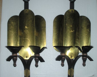 Vintage Wall Candleholders Brass and Black Metal Wall Mount Candle Holders Set of 2