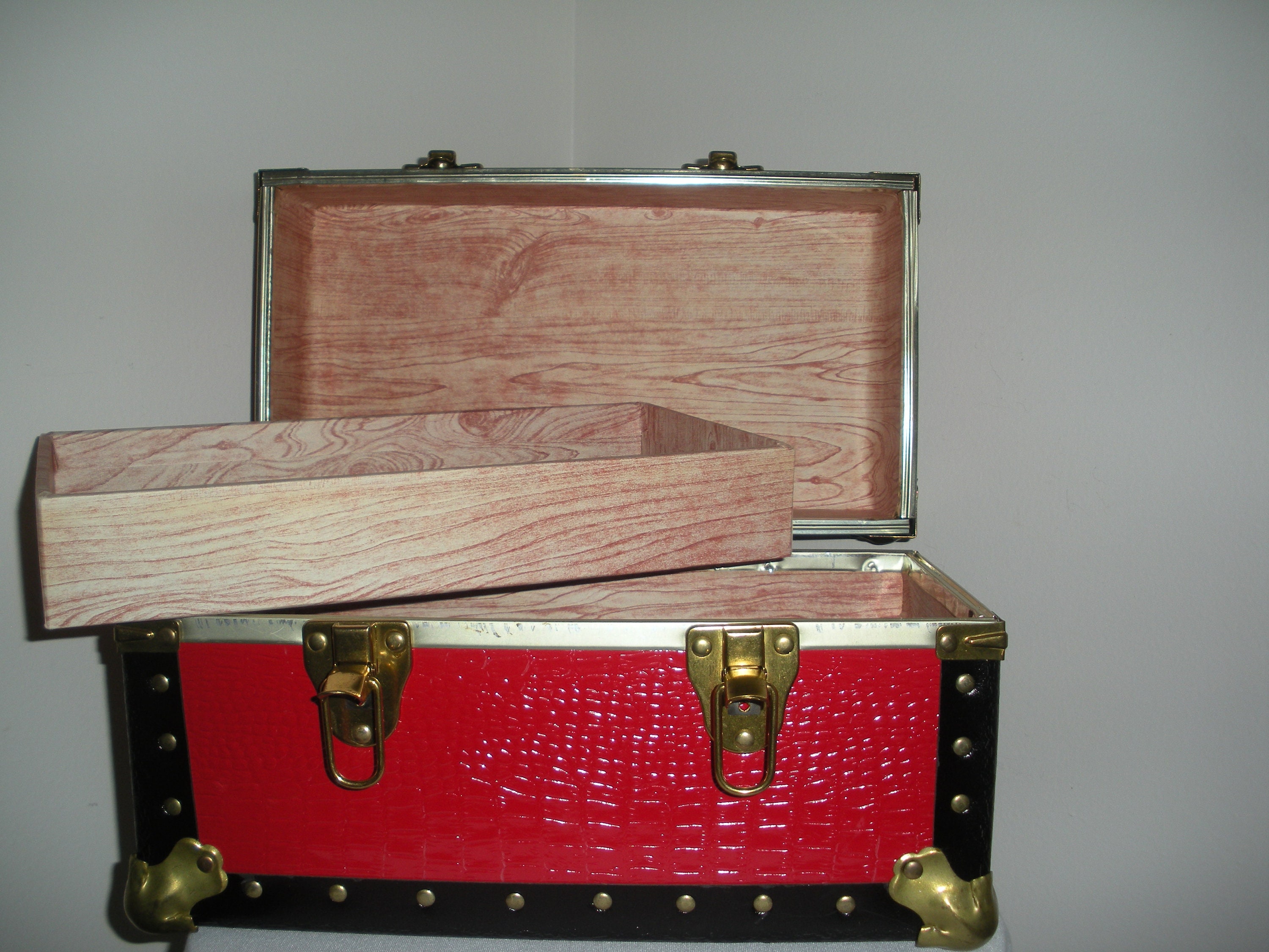 Vintage Mini Trunk Red Buxton Faux Wood Lined Train Travel 