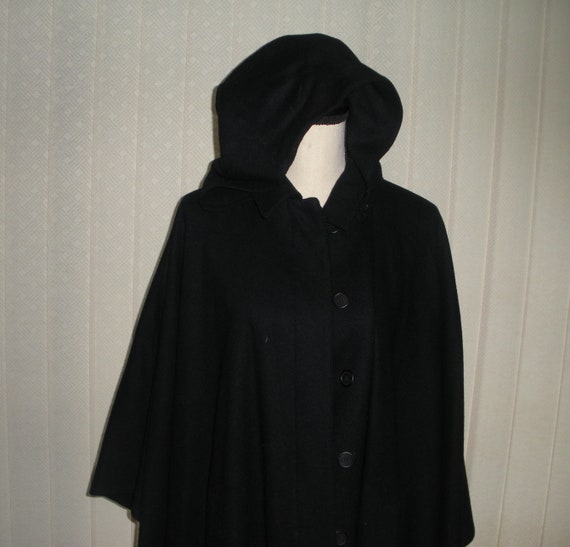 Vintage Black Wool Cape Albert Nipon Removable Ho… - image 2