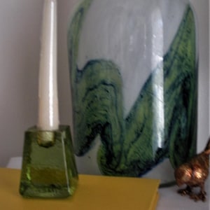 Vintage Fire & Light Signed Candle Holder Recycled Celery Green Glass Tapeed Candleholder