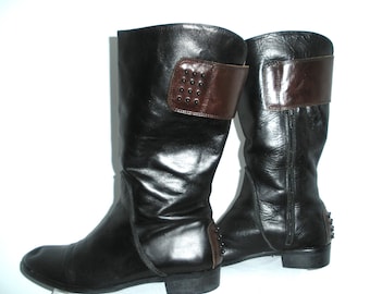 Vintage Two-Tone Leather Riding Boots Black & Brown, Made in Italy Women Size 10