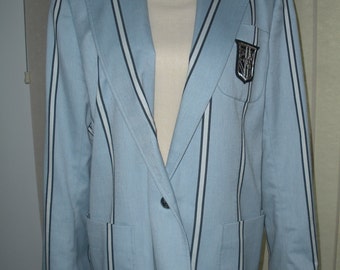 Vintage Ralph Lauren Blazer 3D Crest Light Blue and Navy and White Stripes Women Jacket Embellished Logo