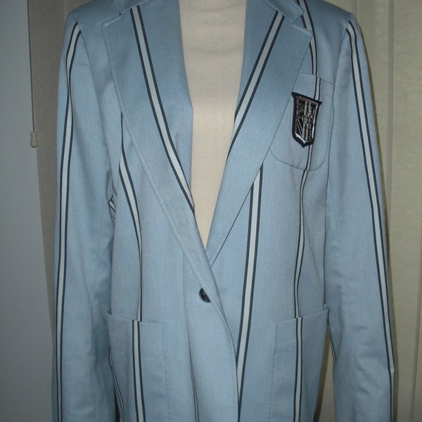 Vintage Ralph Lauren Blazer 3D Crest Light Blue and Navy and White Stripes Women Jacket Embellished Logo