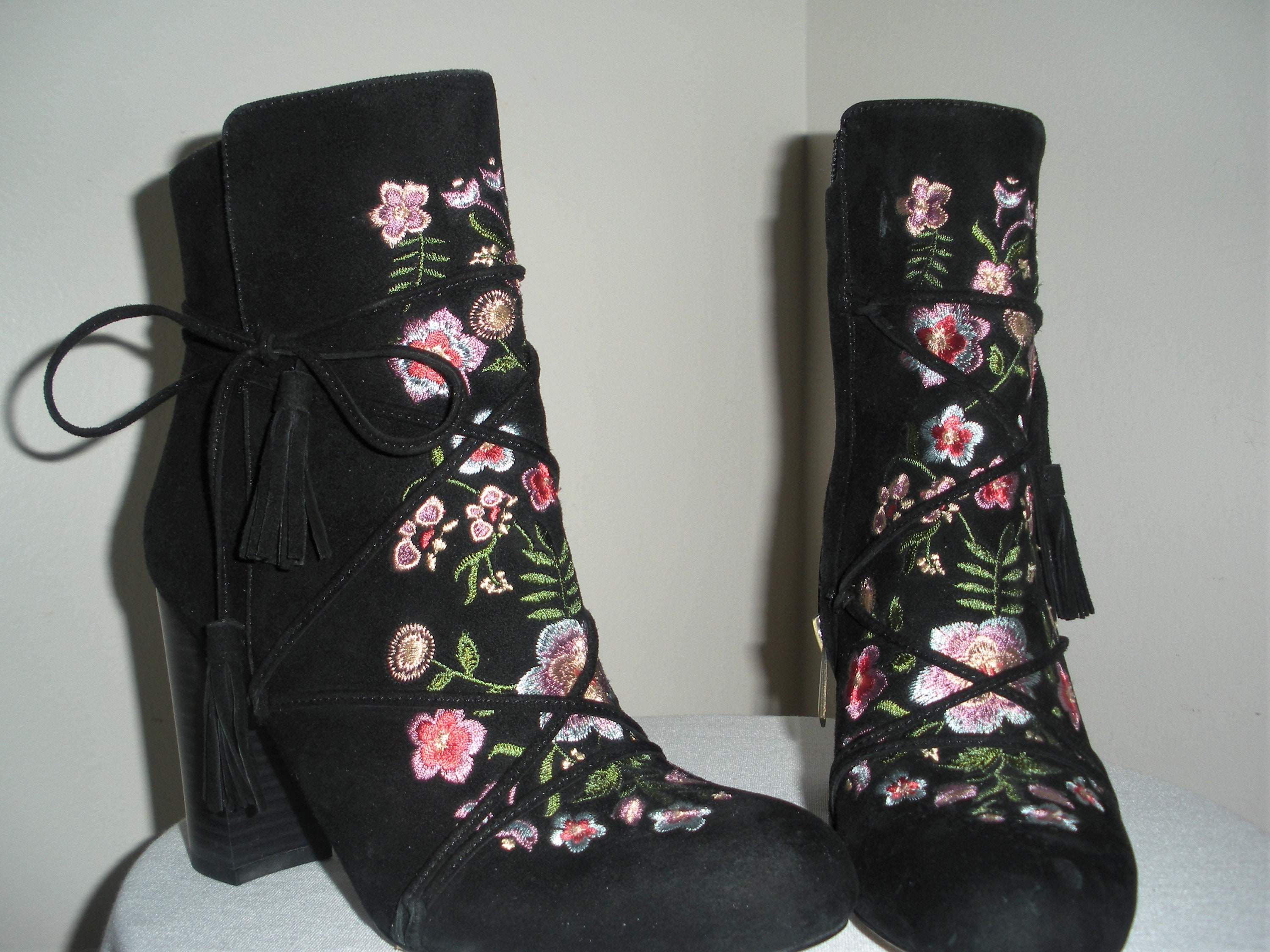 Black Embroidered Boots Suede Leather 