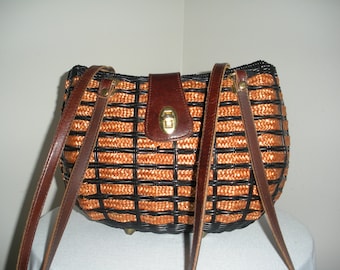 Vintage Brown and Black Wicker Straw Purse Double Straps Purse