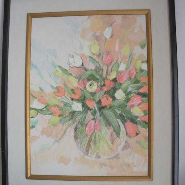 Vintage Picture Wallart Signed Pastel Flowers Lyn Howley Framed Still Life Floral Artwork