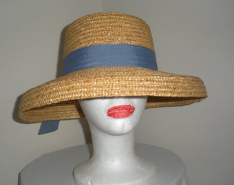 Vintage Straw Hat Blue Ribbon April Cornell Hat With Bow  display picture 3