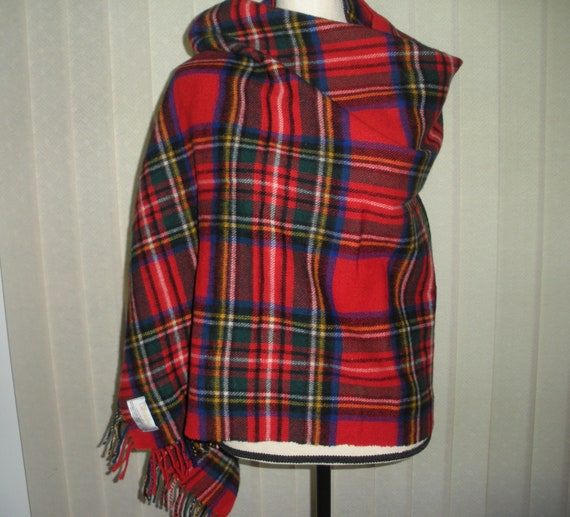 Vintage Tartan Wool Scarf Shawl Throw Red Blue Pl… - image 1