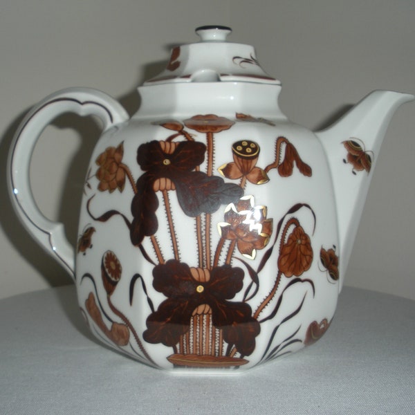 Vintage Teapot Brown and White Flowers and Butterflies Iris Gallo Teapot