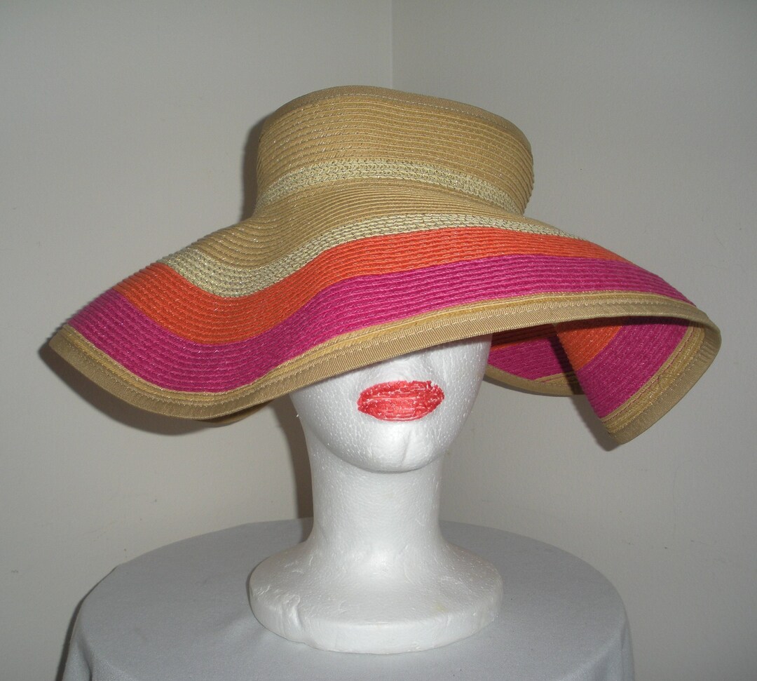 Vintage Straw Hat Open Top Visor Sun Hat Pink and Orange Straw Hat Etsy