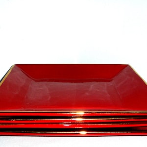 Square Red Dinner Plates Gold Trim (6) Hand Painted Stamped Made in Italy Metallic Gold
